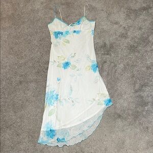 Byer Too! Y2K Floral Dress Asymmetrical Hem Spaghetti Strap Green Blue Size 9